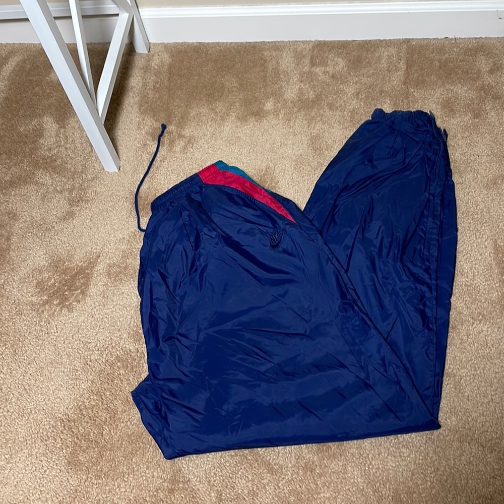 Vintage Nike Navy Blue Swoosh Lined Windbreaker Track Pants Tapered Leg L - Picture 1 of 6